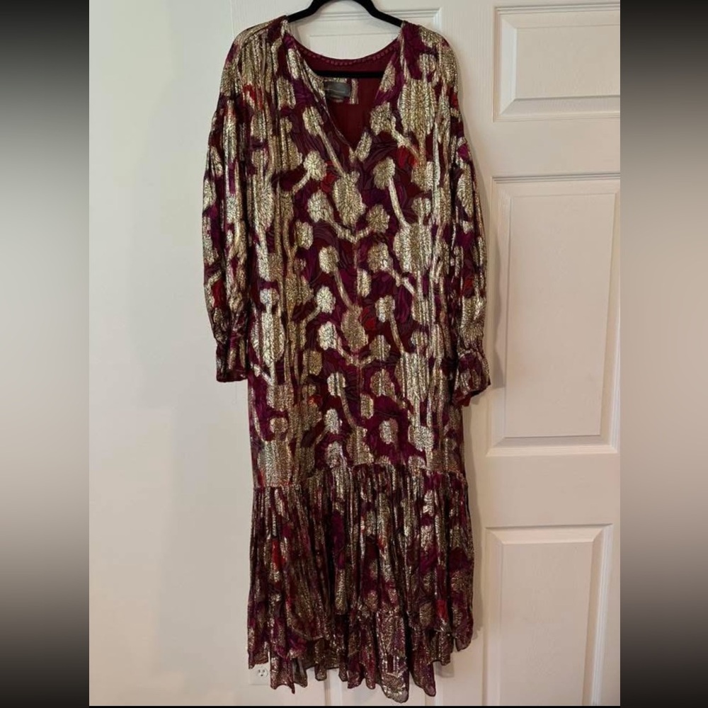 Anthropologie Maxi Dress Gold Wine Maroon Red shimmer